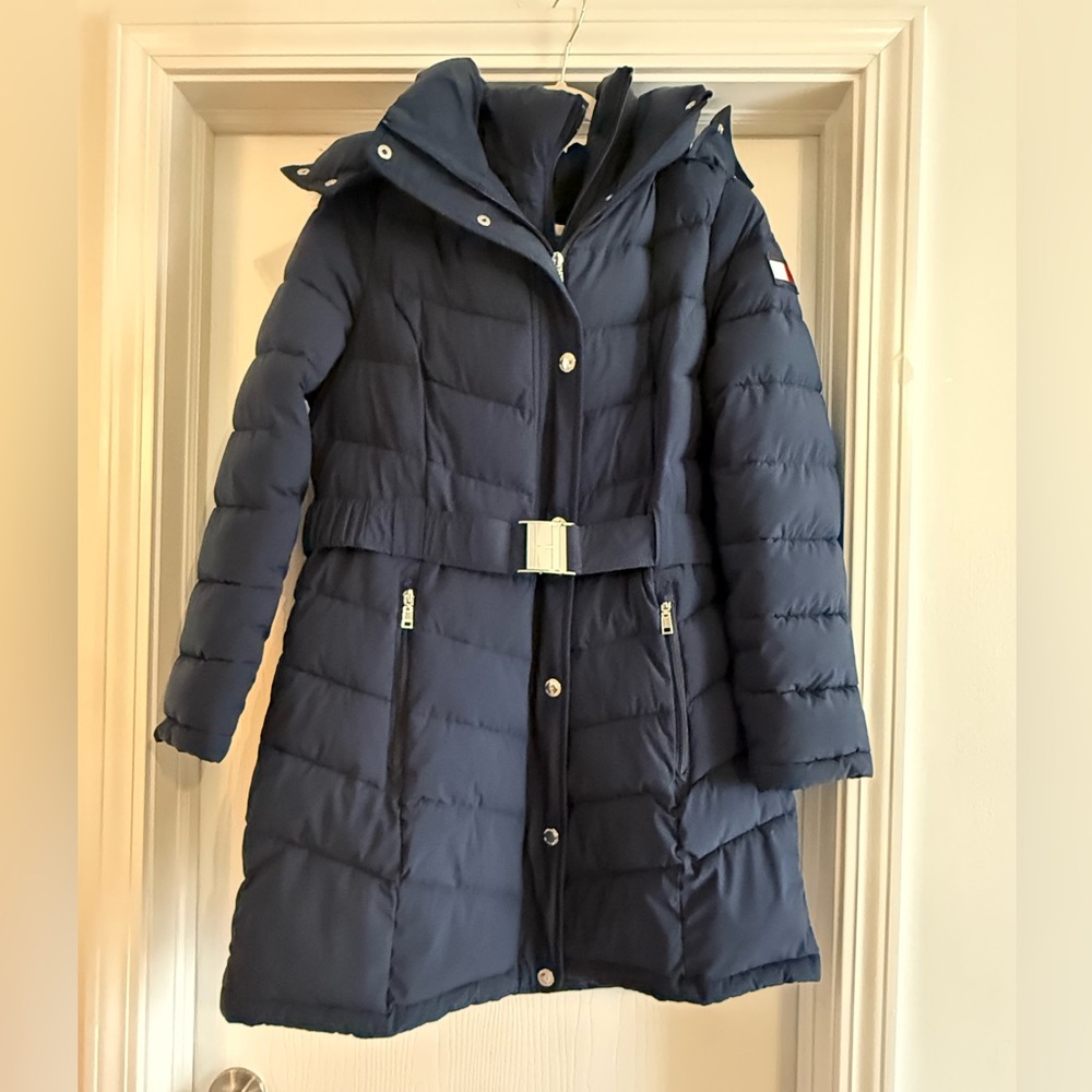 Tommy Hilfiger Women's Navy Puffer Coat w/Faux Fur Hood & Clasp Belt Size LG